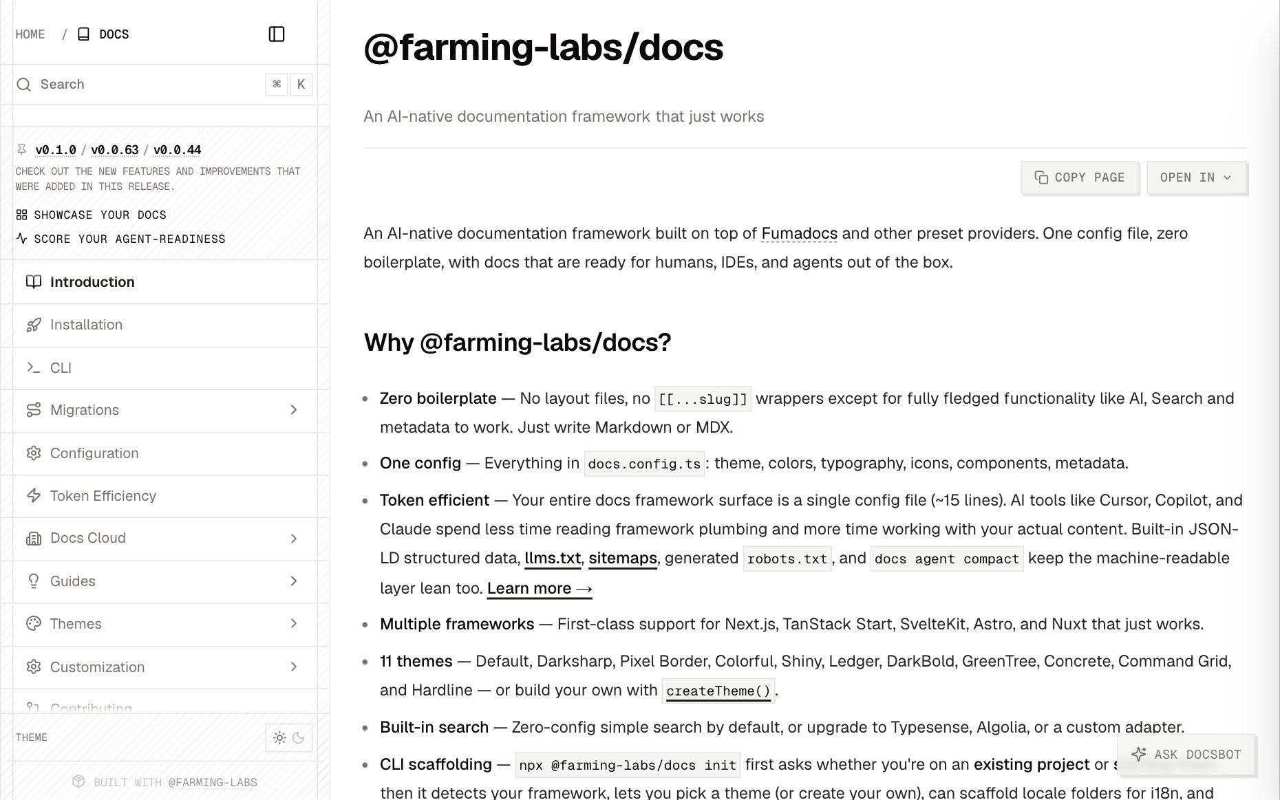 The @farming-labs/docs documentation site: sidebar navigation, search, page actions, and MDX content